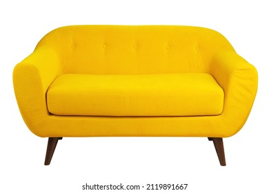 stylish yellow sofa with wooden legs in retro style, isolated on a white background - Shutterstock ID 2119891667