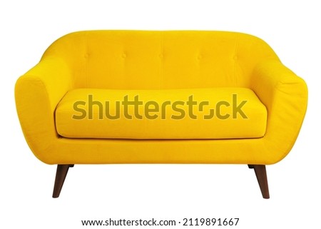 stylish yellow sofa with wooden legs in retro style, isolated on a white background