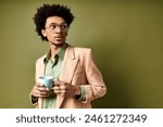 Stylish young African American man in trendy suit and sunglasses, savoring a cup of coffee against a green background.