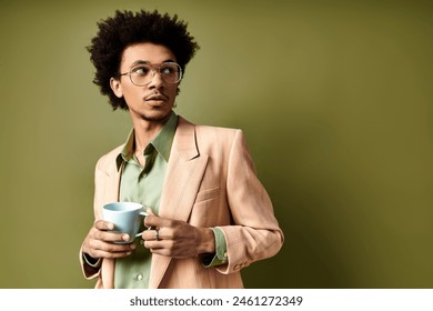 Stylish young African American man in trendy suit and sunglasses, savoring a cup of coffee against a green background. - Powered by Shutterstock