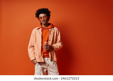 Stylish young African American man posing confidently in trendy orange jacket and white pants on a vibrant orange backdrop. - Powered by Shutterstock