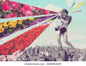 Stylish young girl, nature photographer taking photos of beautiful multicolored flowers. Springtime tourism. Contemporary art collage. Travell and architecture concept. Colorful design for postcard - Powered by Shutterstock