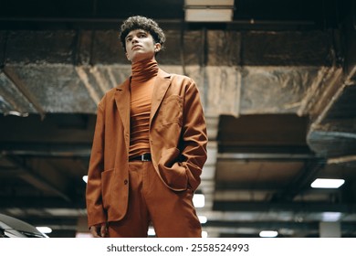 Stylish young man in a brown suit stands confidently in an industrial setting with modern architecture - Powered by Shutterstock