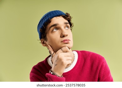 A stylish young man in a pink sweater poses thoughtfully against a pastel green background. - Powered by Shutterstock