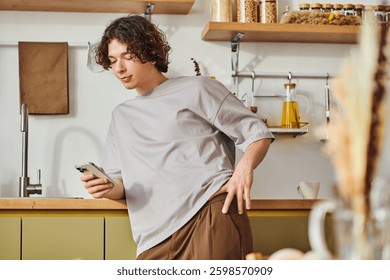 Stylish young man using a smartphone in a chic office, showing focus and flair.