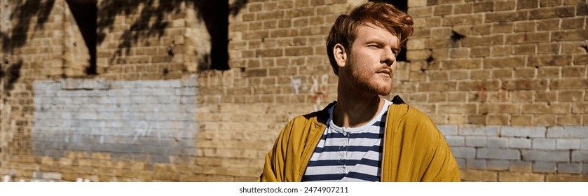 A stylish young red-haired man standing confidently in front of a textured brick wall. - Powered by Shutterstock