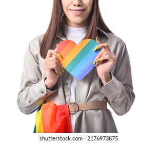 Stylish Young Transgender Woman With Rainbow Heart On White Background