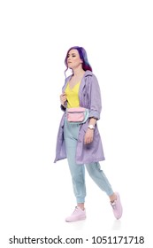 Stylish Young Woman In Purple Trench Coat With Waist Pack Isolated On White