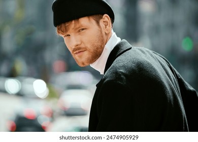 A stylishly dressed man with red hair strolling through the city in a black hat and jacket. - Powered by Shutterstock