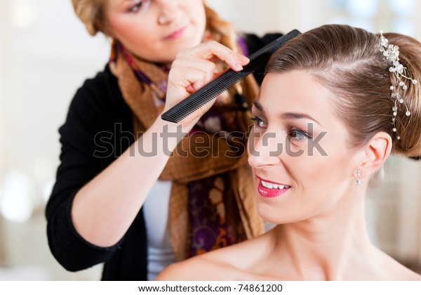 Stylist Pinning Brides Hairstyle Before Wedding Stock Photo Edit