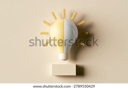 A stylized 3D render of a light bulb, split into yellow and blue halves, symbolizing innovation and new ideas, placed on a neutral background.