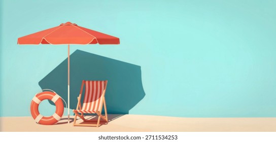 A stylized beach setup with a striped deck chair, orange umbrella, and life preserver against a solid blue background.