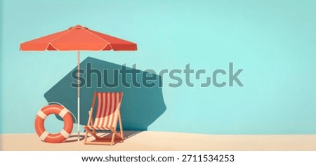 A stylized beach setup with a striped deck chair, orange umbrella, and life preserver against a solid blue background.