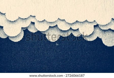 Stylized cloud layer in deep blue halftone dots with soft scalloped edges on off-white textured paper. Retro print look with wide copy space above.