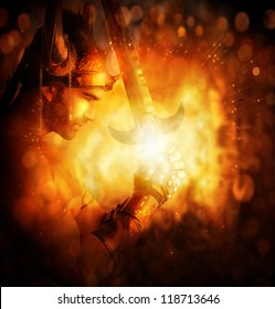 Stylized concept portrait of a warrior holding glowing sword with abstract golden fire background