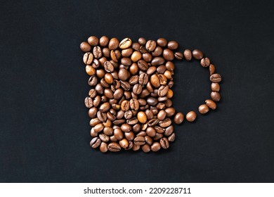 Stylized Cup Of Coffee Out Of Coffee Beans, Flat Lay.