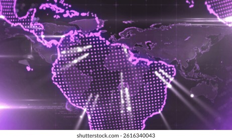 Stylized dotted map of South America is glowing with light beams in flat design tech interface. Futuristic, digital, infographic, glow, technology, abstract, interface