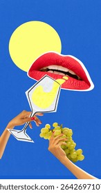 Stylized edit with red lips drinking yellow wine beside hand holding grapes on bright blue background with sun. Concept of surreal creative print, commercial pop graphics
