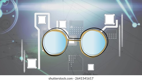 Stylized glasses floating in digital interface with panels, circuit lines and light streaks. Futuristic, technology, innovation, abstract, digital, interface, sleek