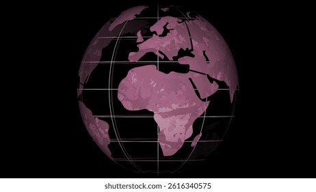 Stylized globe is hovering in flat design, showing tech theme with grid lines, mauve continents. World map, digital illustration, modern design, futuristic style, abstract art, technology theme,