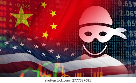 A stylized hacker icon is positioned before the national flags of China and the United States, set against a backdrop of binary code and volatile financial charts. It illustrates the critical link between digital criminality and the intensifying technological rivalry between the two superpowers. This imagery signals cybersecurity sensitivity, highlighting risks such as state-sponsored hacking, the disruption of global financial markets, and the vulnerability of international networks to malicious actors in an era of digital conflict.