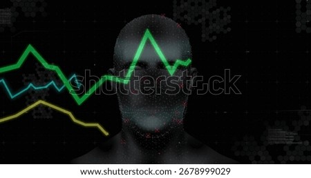 Stylized head hovering in virtual data interface, with dot matrix overlay and colored line graphs. Futuristic, technology, analytics, digital, interface, high-tech, data visualization