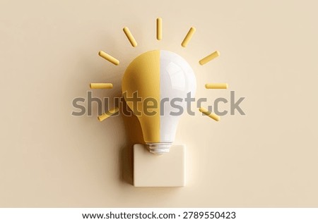 A stylized light bulb divided into yellow and white halves, symbolizing creativity and innovation, set against a neutral background.