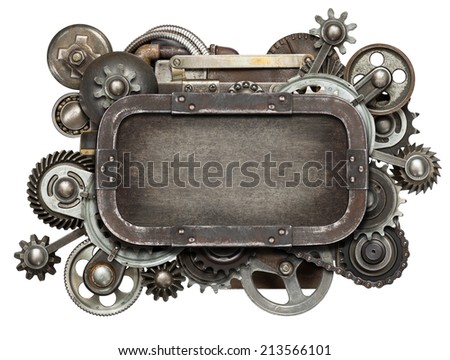 Stylized mechanical collage. Made of metal gears and textures.