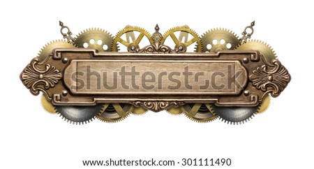 Stylized mechanical steampunk collage. Made of metal frame and clockwork details.
