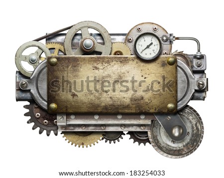 Stylized metal collage of mechanical device. 