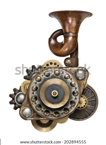 Stylized metal collage of mechanical device.