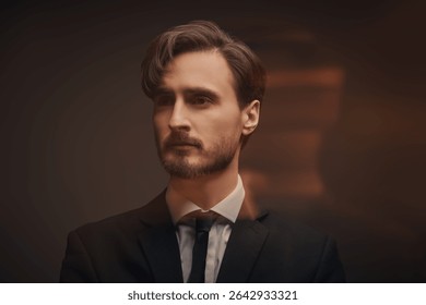 Stylized portrait of a man in a suit with artistic motion blur effect, creative dual exposure look on dark background.
