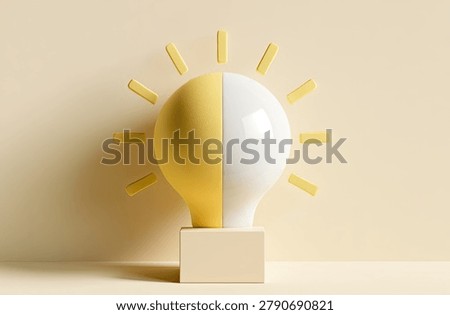 A stylized, split-color light bulb representing a creative idea, placed on a simple pedestal against a soft, neutral backdrop.