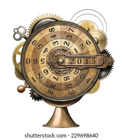 Stylized Steampunk Metal Collage Of Time Counting Device. New Year Concept.