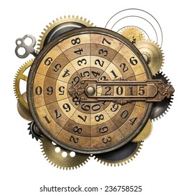 Stylized Steampunk Metal Collage Of Time Counting Device. New Year Concept.