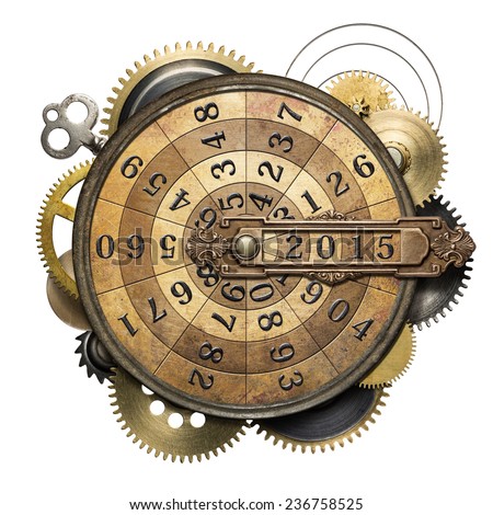 Stylized steampunk metal collage of time counting device. New Year concept.