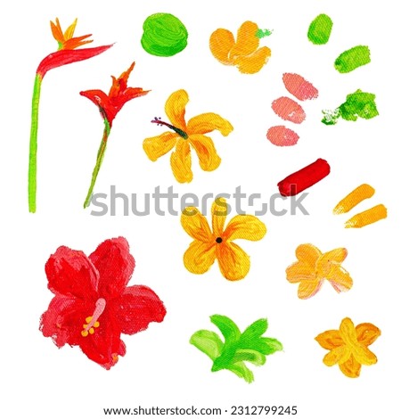 Stylized tropical flowers acrylic painting illustration. Colorful floral painting collection. Blooming blossom clipart icon isolated on white background. botanic painting decorative elements