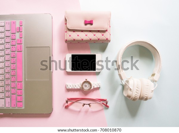 Stylized Womens Desk Accessories Laptop Headphone Stock Photo