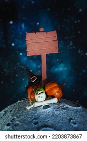 Stylized Wooden Signpost, Witch Hat And Pumpkins On The Moon. Mockup. Halloween Background. 