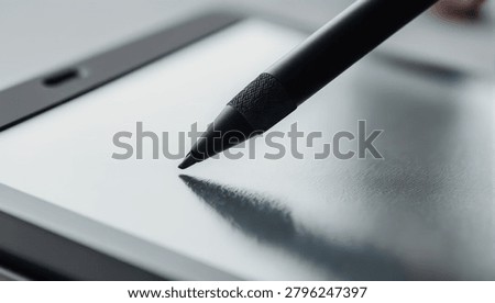 A stylus pen is shown in sharp focus as its tip makes contact with the reflective surface of a digital tablet screen.