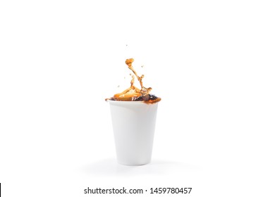 Styrofoam Cup With Coffee Splashes Isolated Over White Background