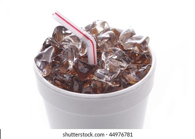 Styrofoam  Cup With Soda Ice And Straw Isolated On White With Reflection Vertical Format