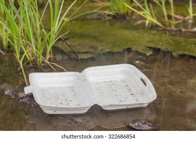 Styrofoam waste floating on riverbank, Object background of ecological harm.

