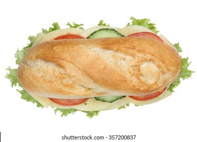 Sub Deli Sandwich Baguette With Cheese, Tomatoes And Lettuce Top View Isolated On A White Background