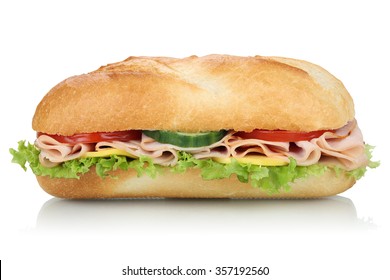 Sub Deli Sandwich Baguette With Ham, Cheese, Tomatoes And Lettuce Side View Isolated On A White Background