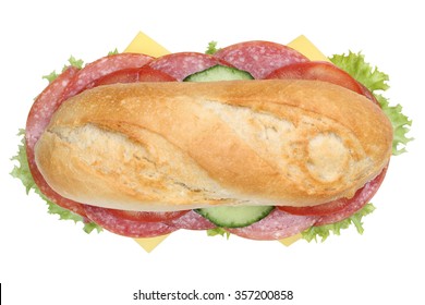 Sub Deli Sandwich Baguette With Salami, Cheese, Tomatoes And Lettuce Top View Isolated On A White Background