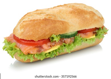 Sub Deli Sandwich Baguette With Salmon Fish, Cheese, Tomatoes And Lettuce Isolated On A White Background