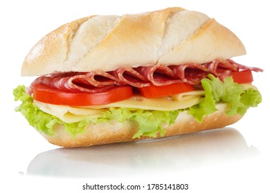 Sub Sandwich With Salami Ham And Cheese Isolated On A White Background