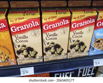 Subang Jaya, Malaysia - 16 October 2021: Sweet Home Farm Granola Vanilla Cocoa Boxed Display For Sell On The Supermarket Shelf With Selective Focus.