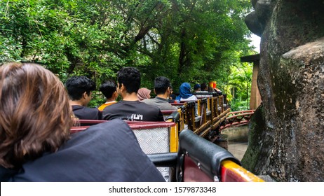 Subang Jaya, Malaysia - November 28, 2019: Tourist Riding A Rollercoaster At Sunway Lagoon Theme Park In Bandar Sunway. The View From The Seat Inside The Rollercoaster. Outdoor Activities.